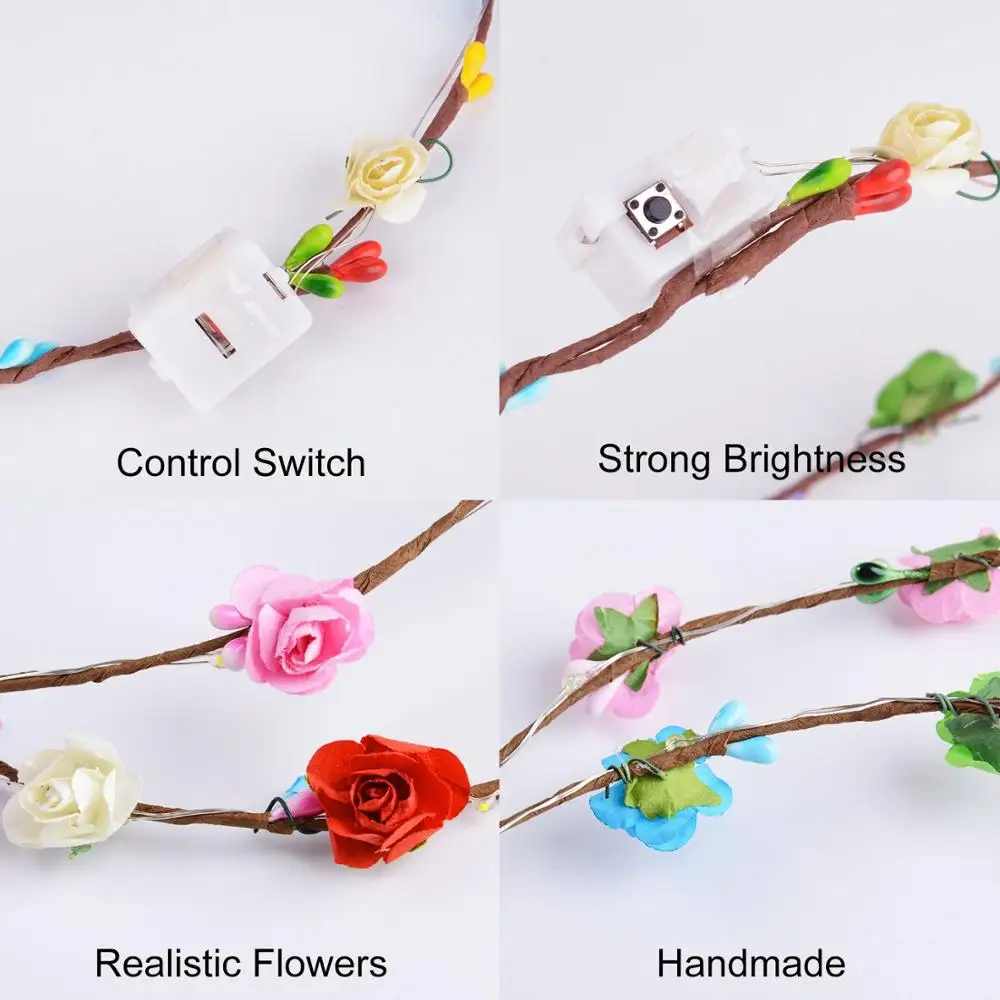 12PCS Flower Wreath Luminous 10-LED Headpiece Garland Crown Flower Headband Glowing Wreath For Wedding Party Christmas Garlands