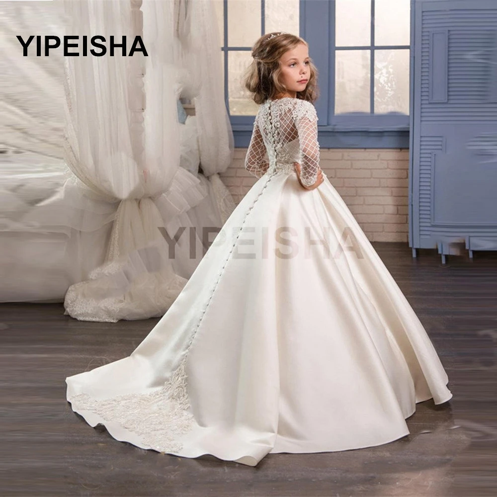 Vestido infantil de manga comprida com o pescoço, vestido de casamento formal, trem a-line, vestido de casamento feminino, novo