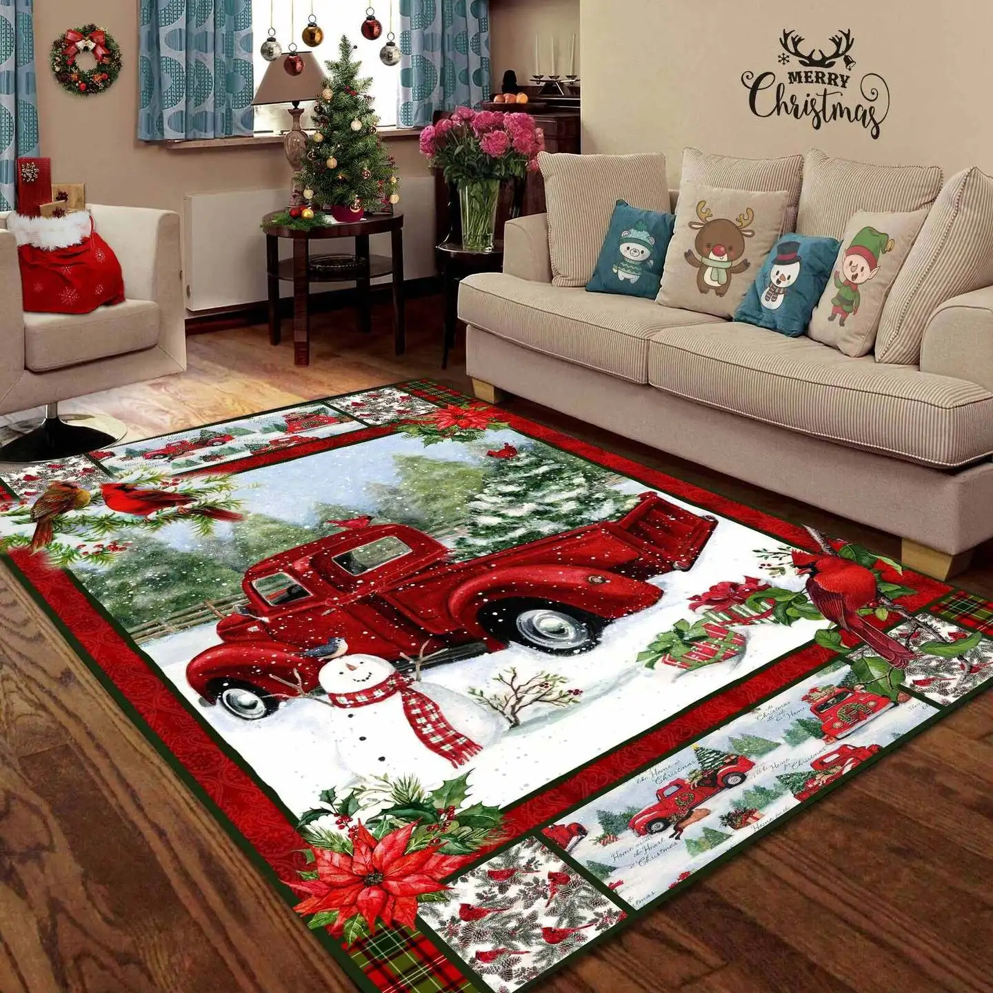 Christmas Red Truck Snowy Cardinals Living 3D Printed Rugs Mat Rugs Anti-slip Large Rug Carpet Home Decoration