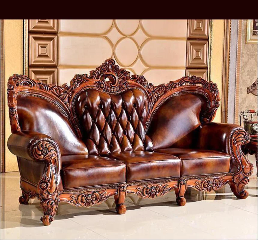 high quality  European  antique living room sofa furniture genuine leather set o1065