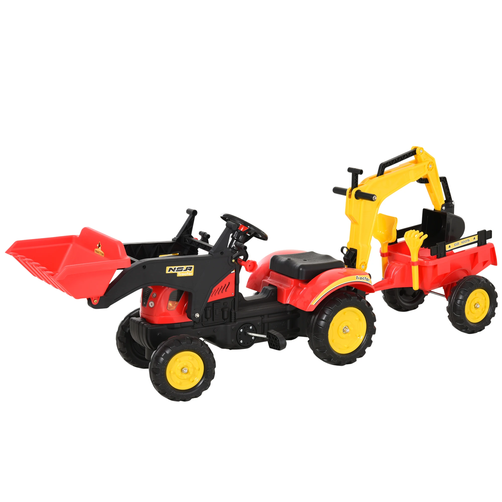 HOMCOM Tractor on pedals with trailer excavator with front shovel driving toy 3 years old 179x42x59 cm red