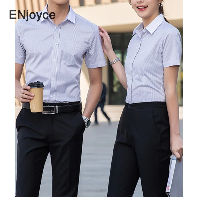 ENjoyce Summer Basic Striped Workwear Short Sleeve Shirts Tops Women/Men Bussiness Professional Office Ladies Uniform Blouse