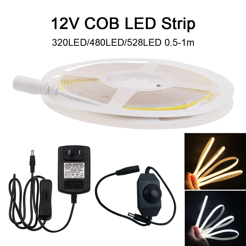 Dimmable LED COB Strip Light White 12V High Density LED Tape Lights Double Switch Dimmer Power Kit US EU UK 480LED 320LED 528LED