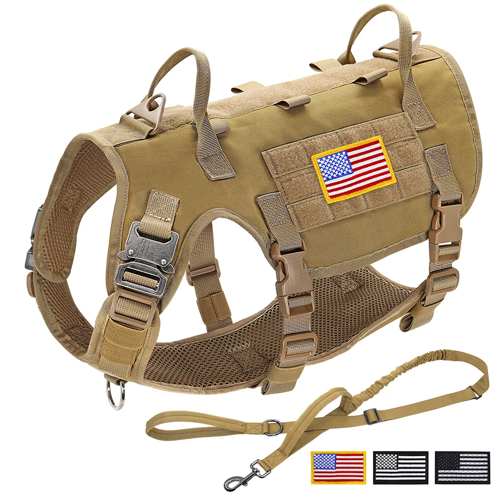 Military Tactical Dog Harness Leash Large Dogs Training Harness Vest With Pouch Working Dog Vests Pet Bungee Leash 2 Handles