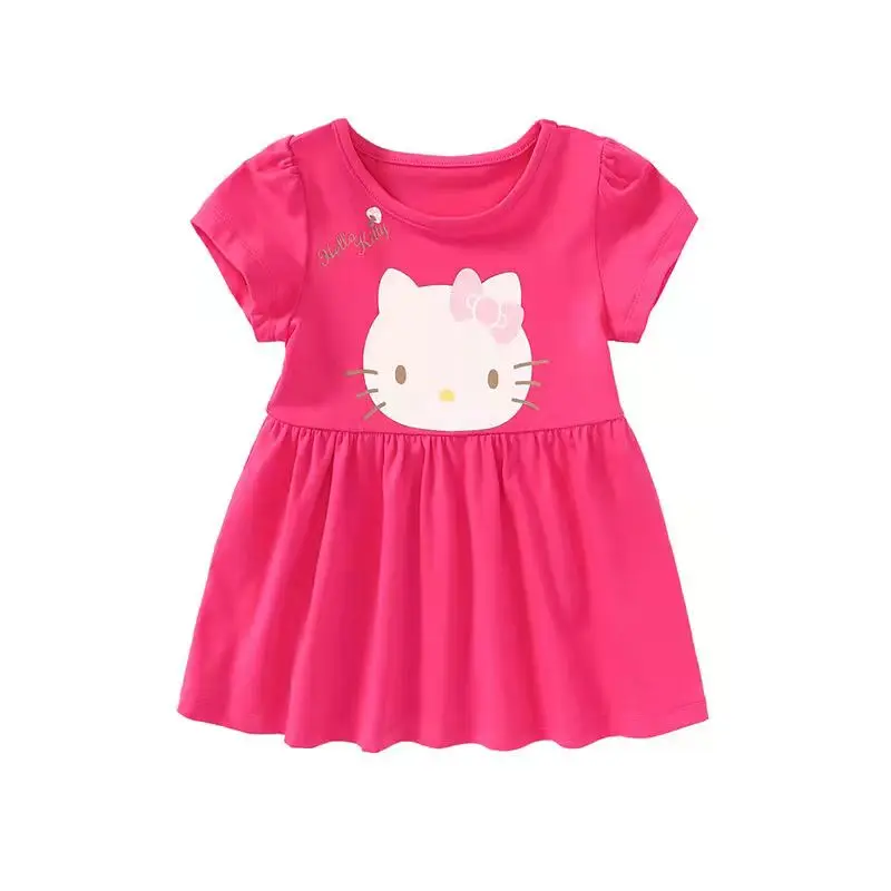 

HelloKitty Children's Clothing Girls Summer Cotton Comfortable Dress Cute Cartoon Round Neck Short Sleeve Princess Pleated Skirt