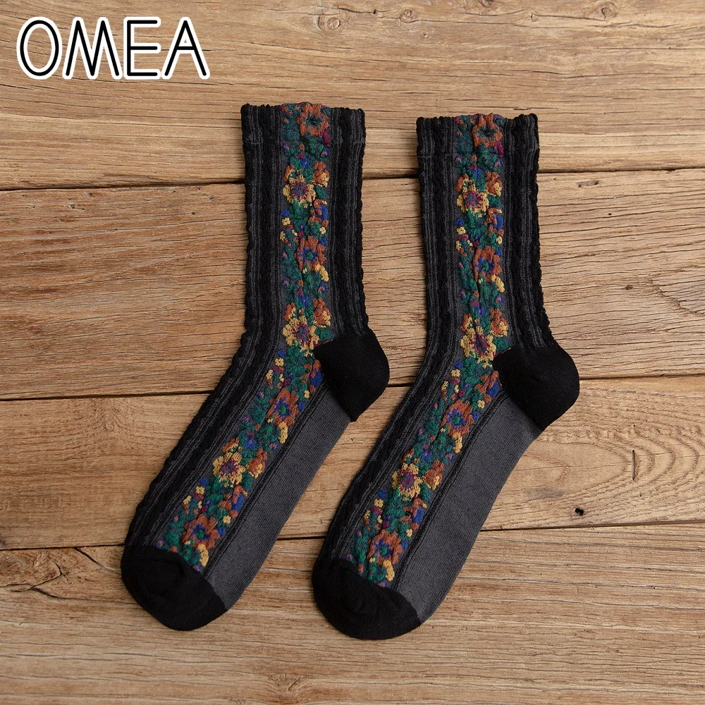 OMEA Retro Perempuan Kaus Kaki 5 Pasang Folk-Custom Kapas Bernapas Musim Semi Kaus Kaki Panjang Bunga Academic Style Bohemian Kaus Kaki Tinggi kualitas