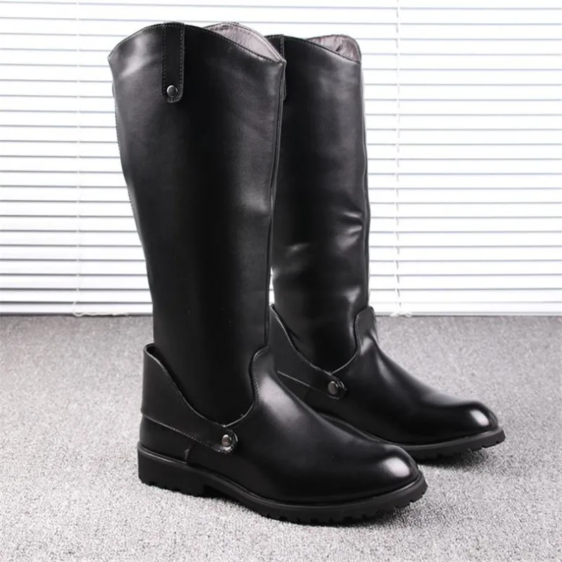 New Arrival Black Long Knee Boots Men Round Toe Buckle High Top Casual PU leather Shoes Man Motorcycle Boots Size 38-44