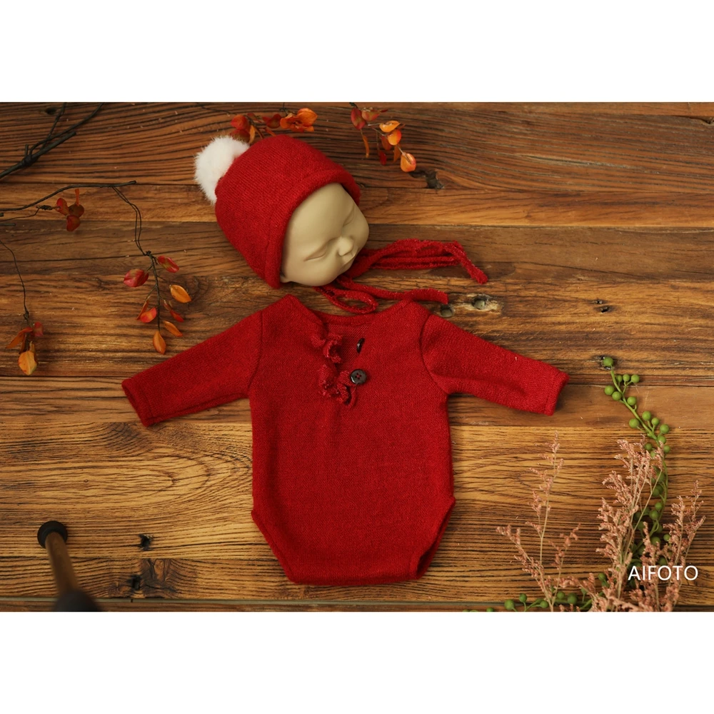 Newborn Christmas Outfits For Photography Props Store Accessories Red Crochet Hat+Knit Soft Rompers New Year Baby Photo Shoot