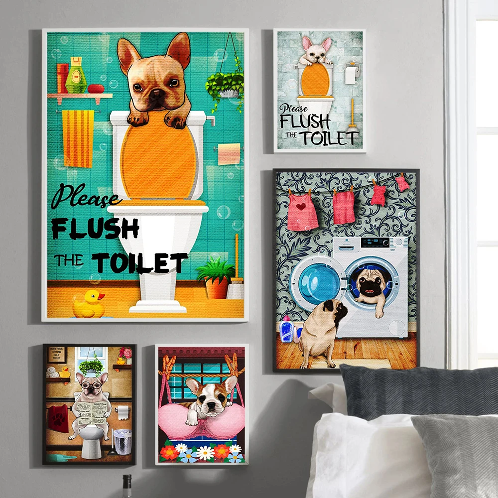 Frenchie Please Flush the Toilet Quote Dog Animal Poster Funny Cartoon Picture Kids Room Bathroom Decor Wall Art Canvas Painting