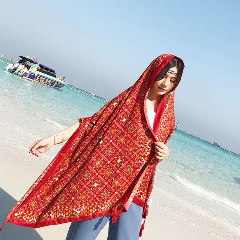 Beach Travel Scarf 2022 Summer New Women Luxury Cotton Bohemian Print Shawl Scarves Women\'s Beach Pareos Bandana Foulard Femme