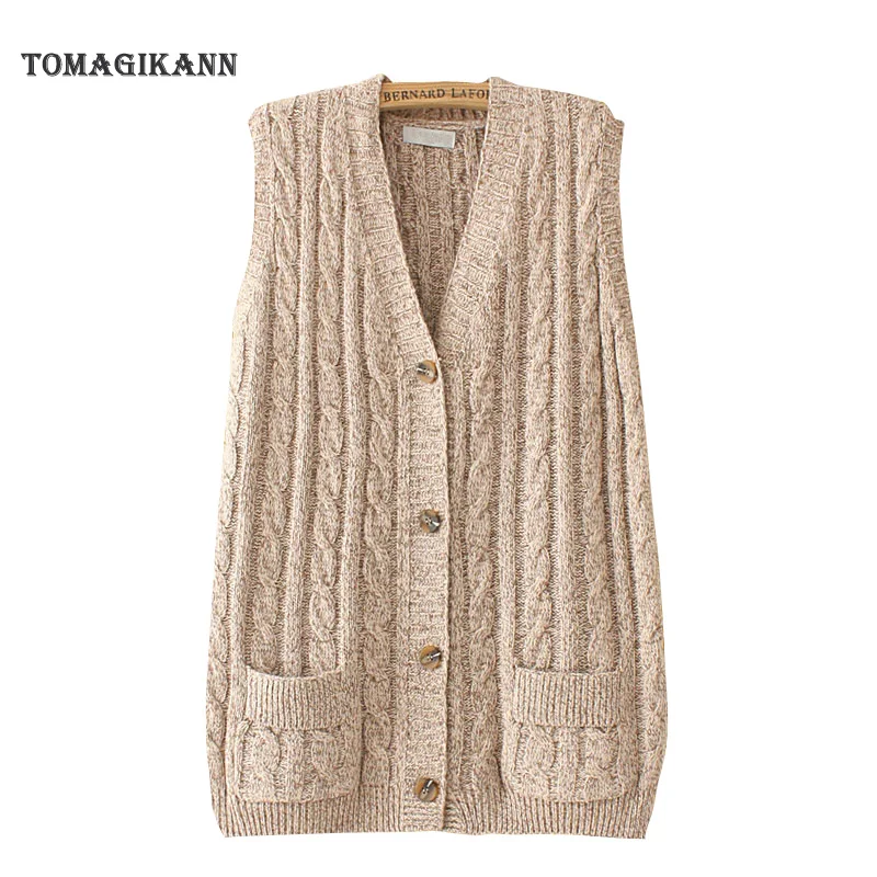 Women Knitting Vest V Neck Single Breasted Twist Sweater Cardigan 2021 Autumn Casual Pockets Sleeveless Knit Female Tops Cloth