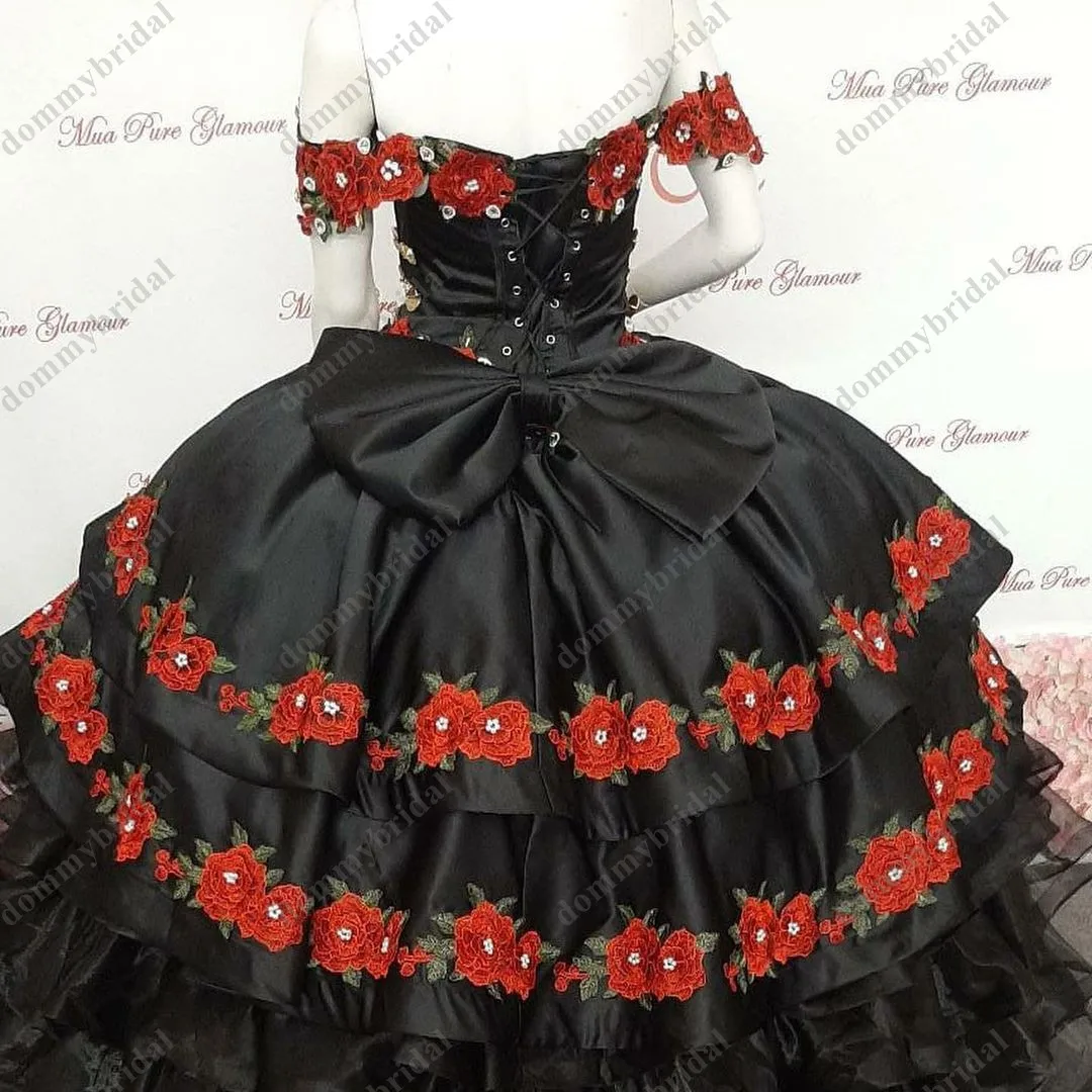 2023 Modest Red Hoa Hoa Khuôn Mẫu Ngọc Trai Bóng Gown Đen Quinceañera Dresses Charro De Phong Cách Mexico Chính Thức Xù XV