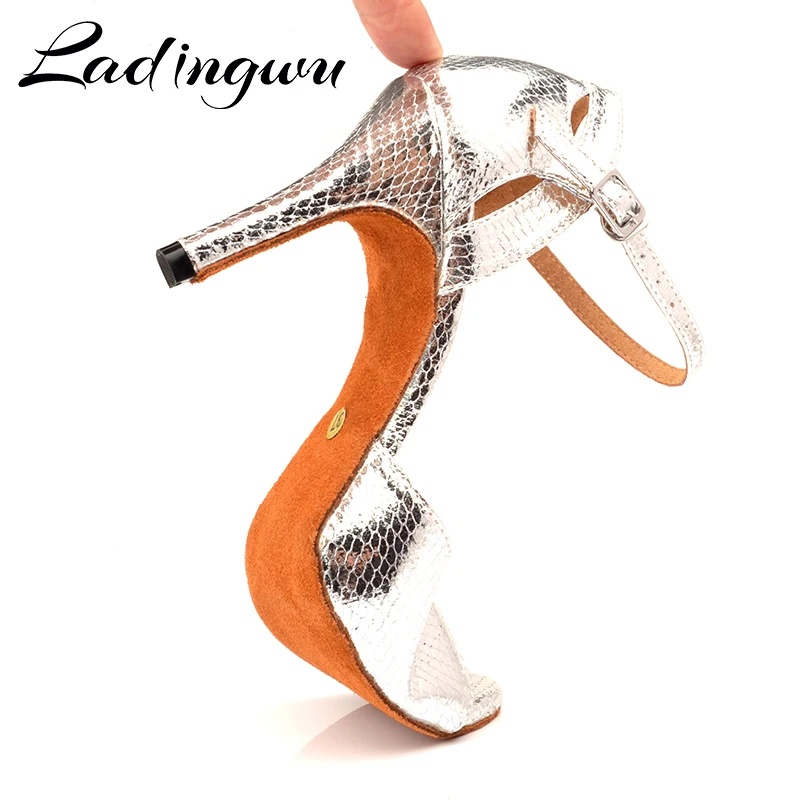 Ladingwu New Salsa Shoes Dance Women\'s Ballroom Dance Shoes Sandals  Party Performance women Latin Dance Shoes Silver Snake PU