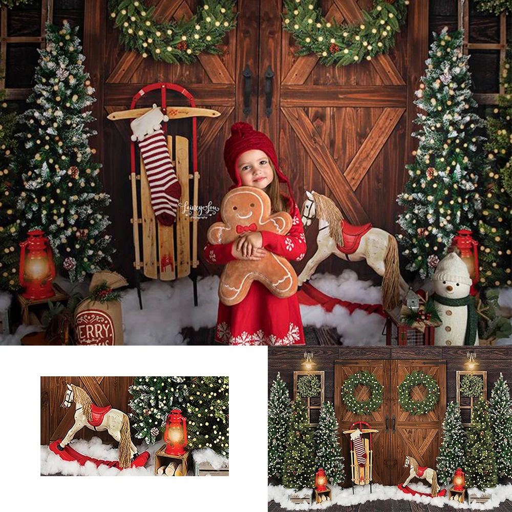 Christmas Newborn Photography Backdrop Brown Wood Door Wreath Christmas tree Background Snowfield child Decor Banner