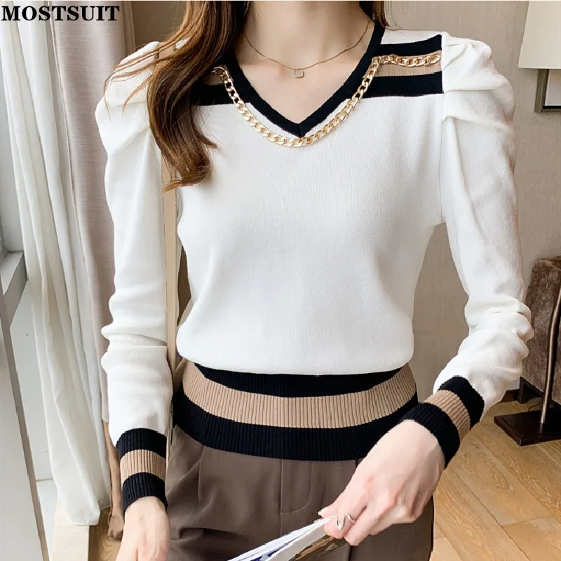 

Korean Slim Knitted Sweater Pullover Women Autumn Winter Full Sleeve V-neck Chain Patchwork Tops Elegant Fashion Ladies Jumpers