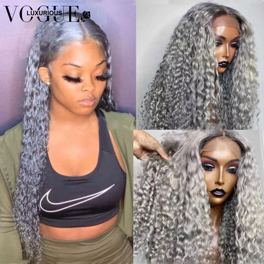 Ketebalan 250 Wig Frontal keriting dalam panjang abu-abu berwarna renda depan Wig rambut manusia Brazilian Virgin 13x4 Wig rambut manusia renda depan