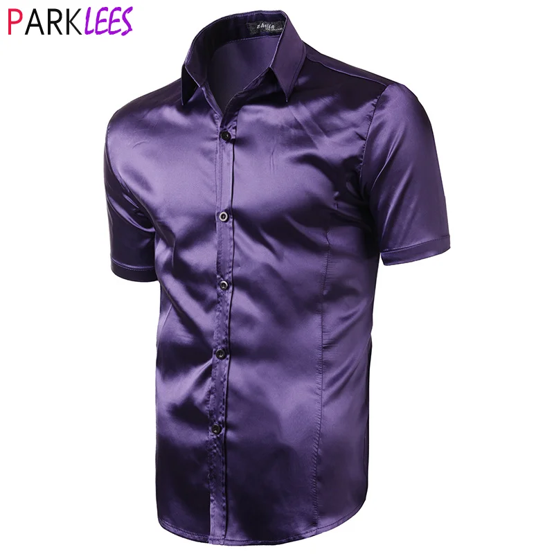 Purple Silk Satin Shirt Men 2020 Summer New Short Sleeve Slim Fit Mens Dress Shirts Casual Smooth Party Event Chemise Homme 2XL