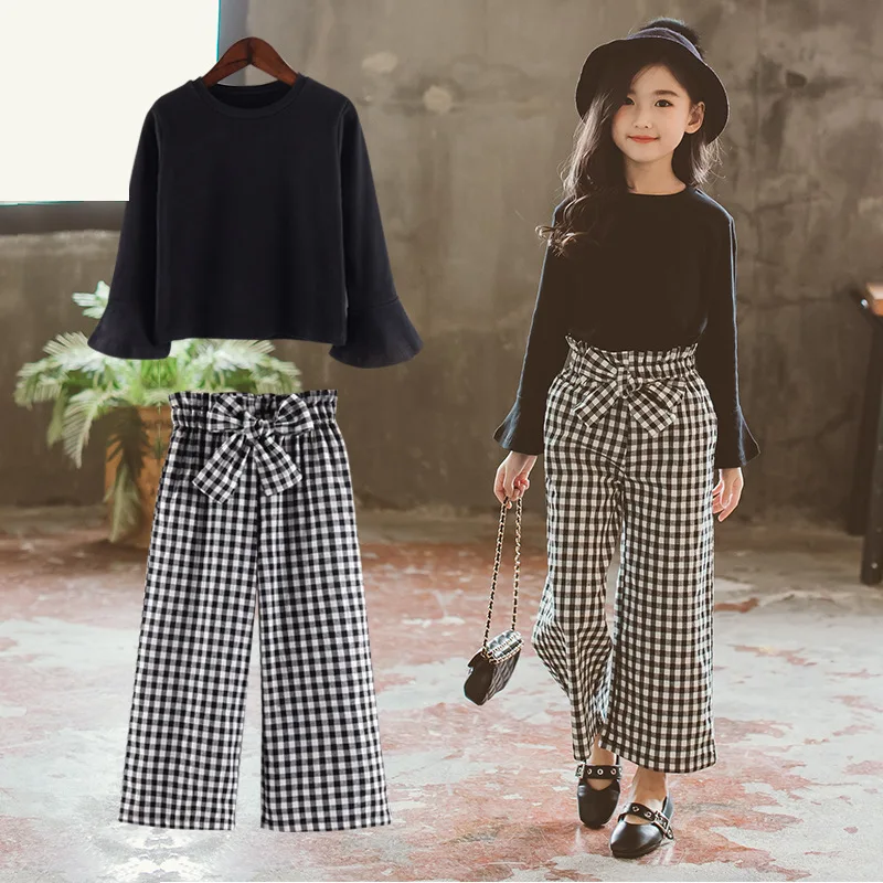 Baby Girls Clothes Sets Fashion Toldder Kids Solid Black Long T Shirt Tops Plaid Bow Pants Outfits 3 4 6 8 9 10 11 12 14 Years