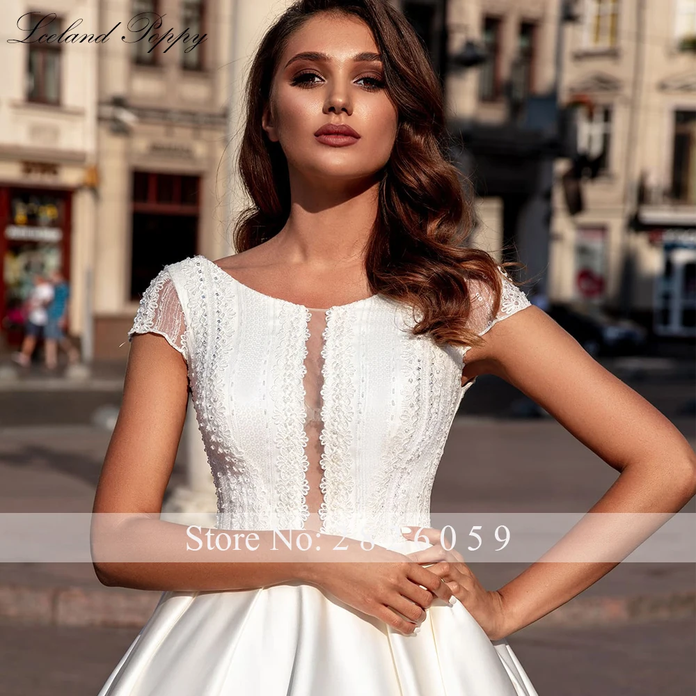 Lceland Poppy Customized A-line Scoop Neck Satin Wedding Dresses Short Sleeves Beaded Lace Bridal Gowns