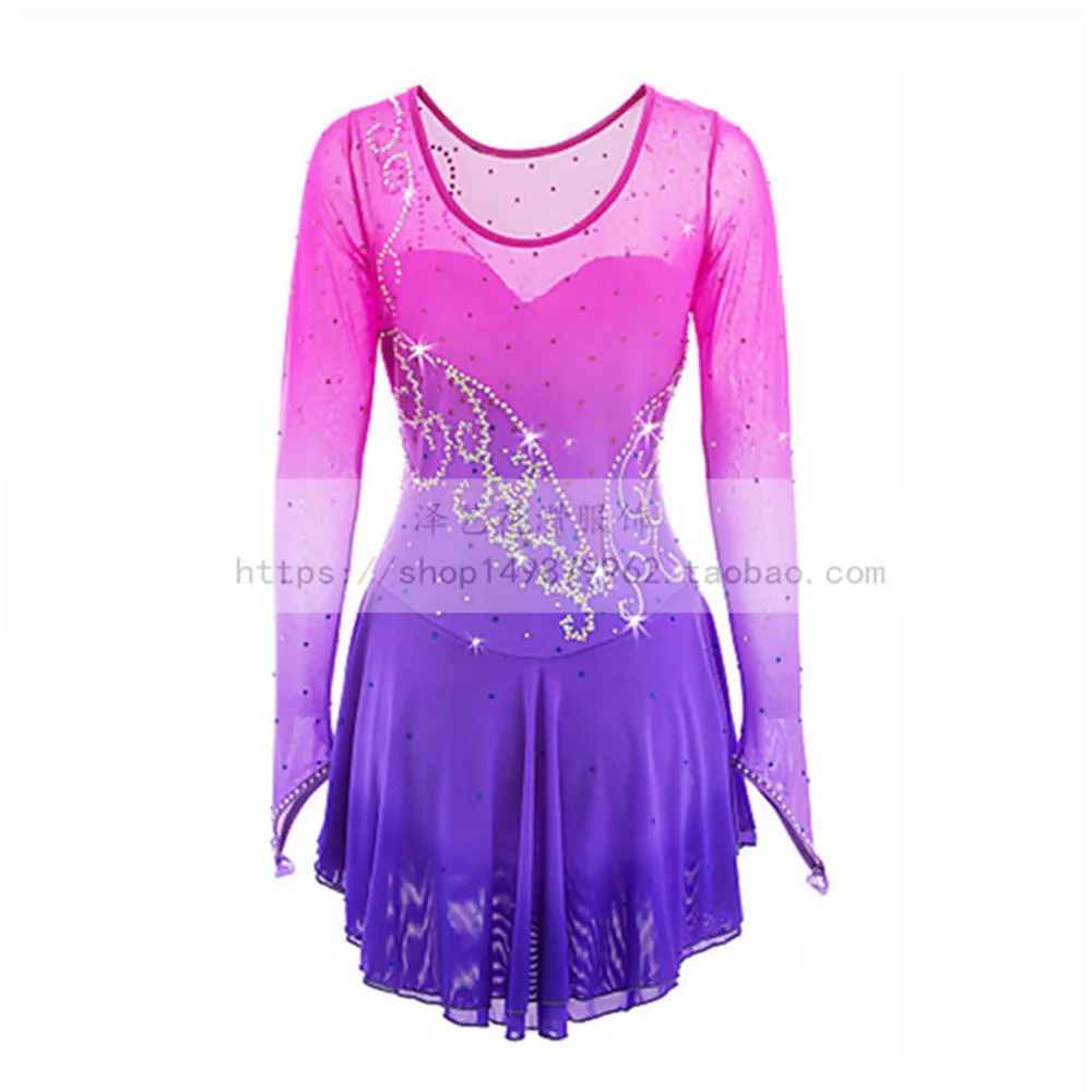 LIUHUO Figure Skating Dress Women's Girls' Ice Skating Dress Competition Long sleeve pink purple Shiny rhinestone KidsRound neck