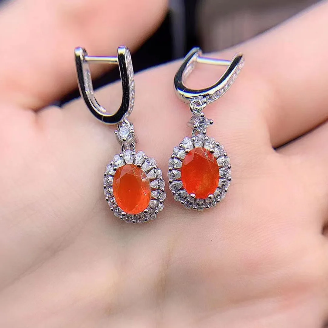 Oval Mexican Orange Fire Opal Engagement Earrings 925 Silver English Earrings For Women Gift