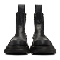 Trendy Height Increase Men's Winter Thick Heel Zip Mid-calf Platform Leather Boots Male Warm Fur Motorcycle Shoes