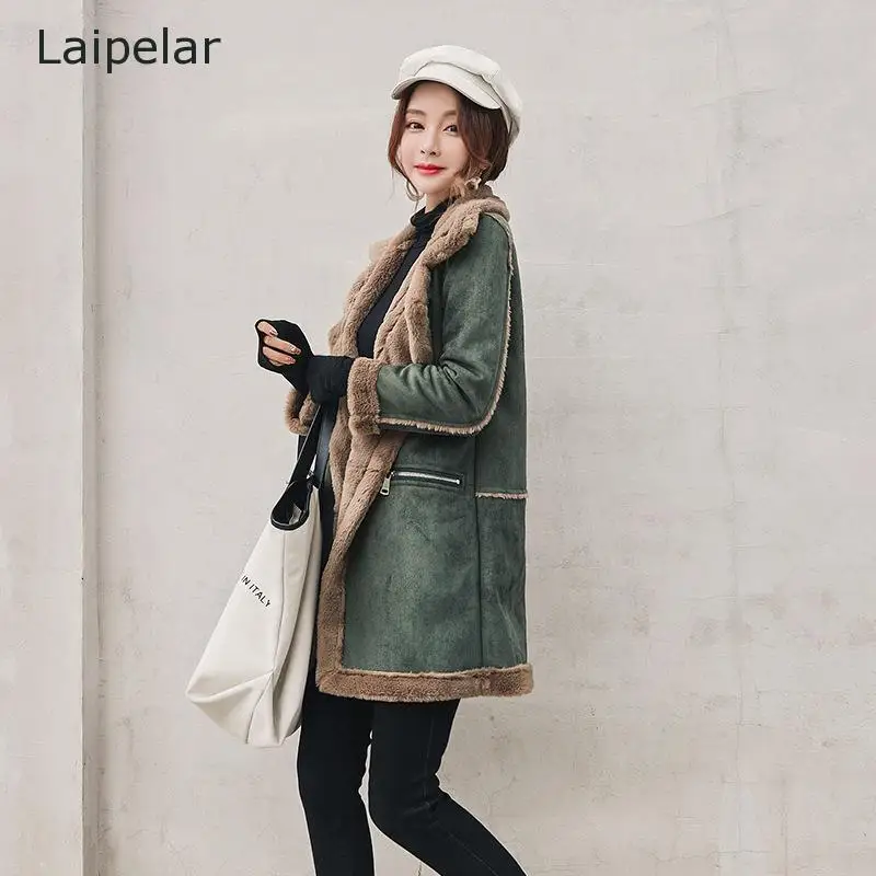 Winter Long Faux Suede Leather Jacket Women Female Green Faux Fur Lined Suede Jacket Woman Coat Large Windbreaker