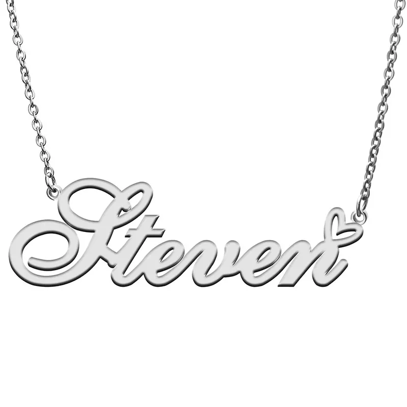 Steven Name with Love Heart Necklace for Women Stainless Steel Jewelry Nameplate Pendant Femme Mother Child Girls Gift