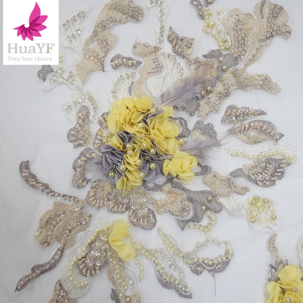 Elusive 3D Heavy Flower Mesh Beaded Lace With Feathers And Sequins Fabrics For Collection HY1055