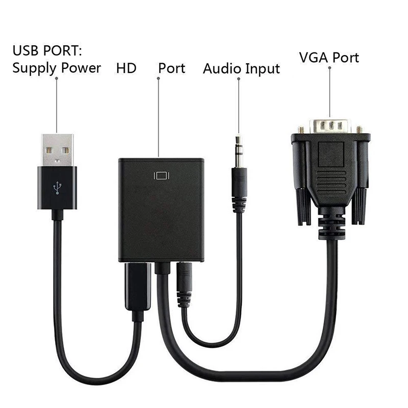 Câble adaptateur convertisseur avec sortie audio, compatible VGA mâle vers HDMI femelle, adaptateur VGA HD 1080P pour PC, ordinateur portable,