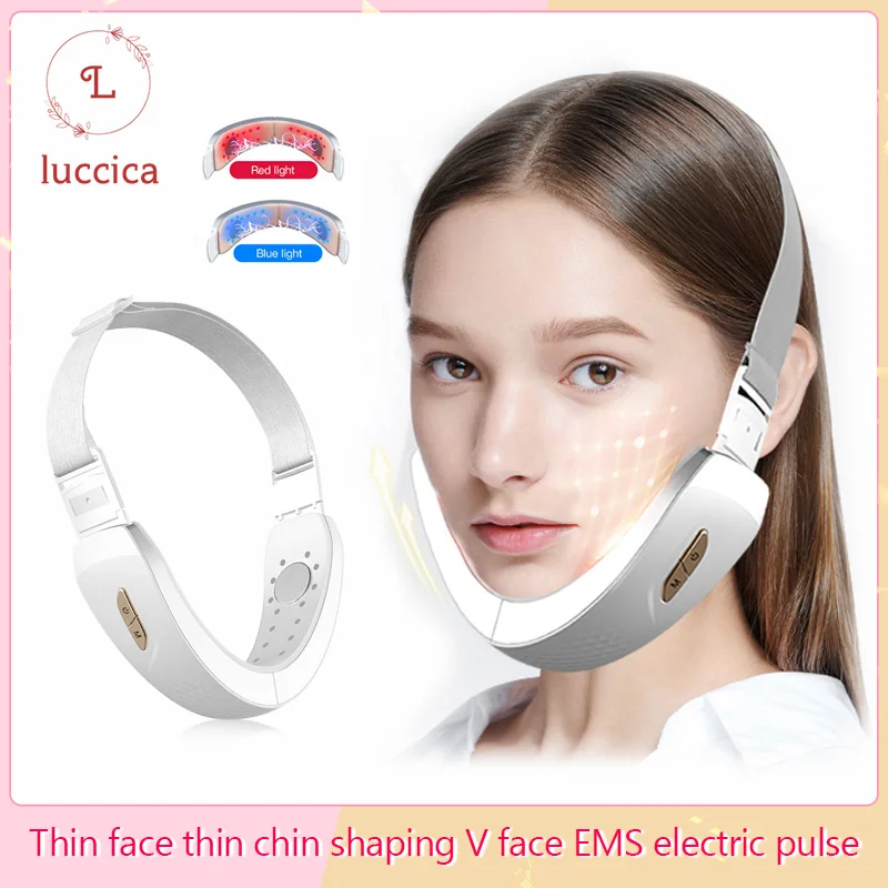 LUCCICA-EMS Massage Đôi Cằm Loại Bỏ Chữ V Màu Đỏ/Đèn LED Màu Xanh Dương Trị Liệu Bằng Ánh Sáng Mặt-Nâng Thiết Bị