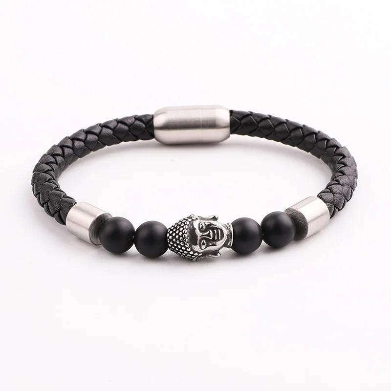 High Quality Men Jewelry New Design Natural Stone Stainless Steel Buddha Head Charm Genuine Leather Bracelet Male