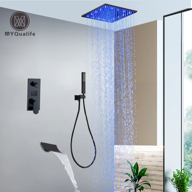 LED Black  Light Shower Faucet Wall Mounted Rainfall Bath Shower Set Concealed Box Single Handle Shower Mixers with Handshower