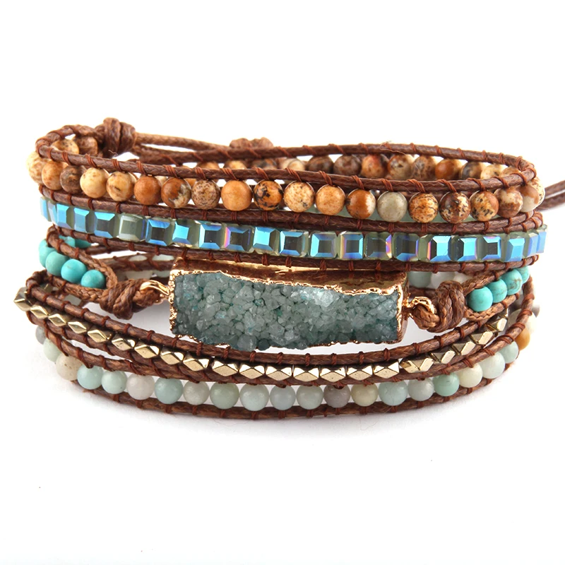 RH Fashion Women Armbander Mixed Beaded Natural Stones Crystal Druzy Charm 5 Strands Wrap Bracelets DropShip