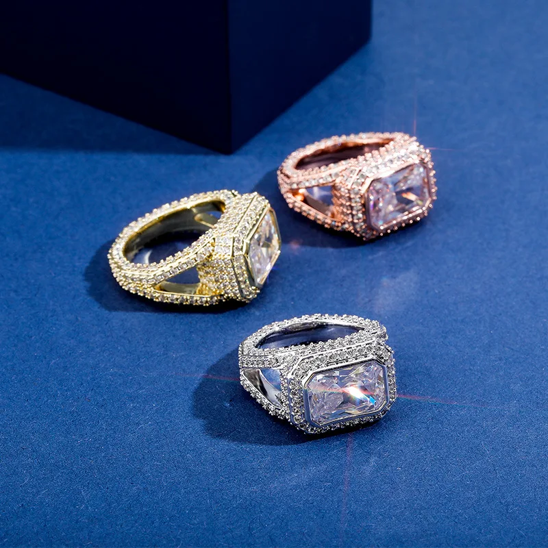 Hip Hop Claw Set AAA+ Cubic Zirconia Bling Iced Out Square Rings for Men Women Lovers Couple Rapper Jewelry Gift