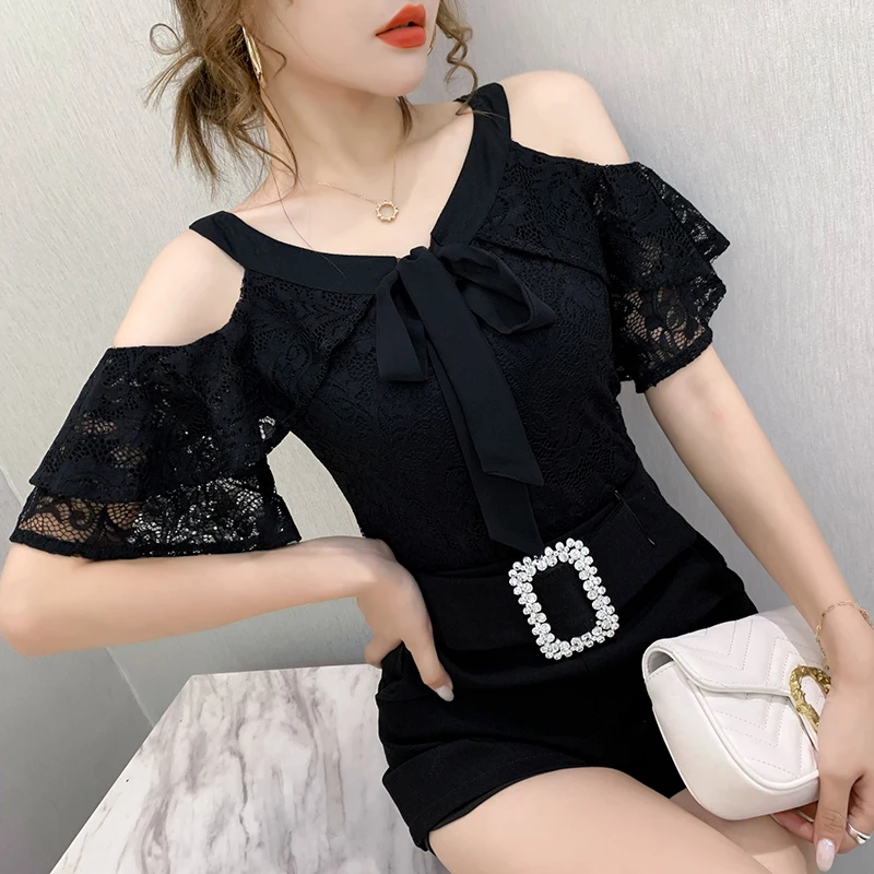 Summer Korean Clothes T-shirt Sexy Off Shouder Bowknot Lace Ruffles Women Tops Ropa Mujer Ruffle Sleeve All Match Tees T06214