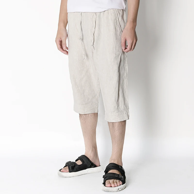 

100% Linen summer brand men pants calf-length wide-leg pants for men fashion causal elastic waist trousers men loose pantaloni