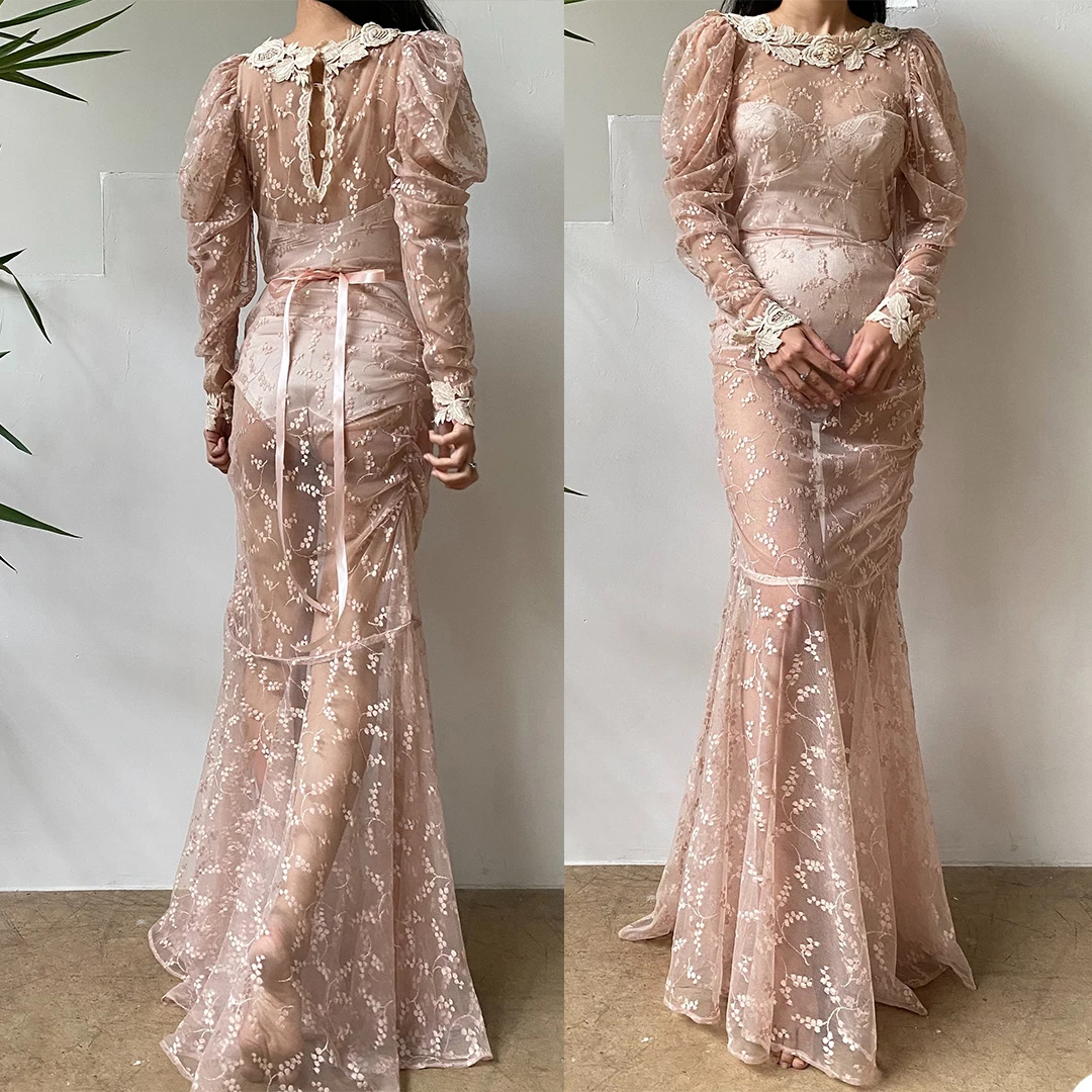 Summer Robes Women's Prom Dresses Lace Appliques Jewel Neck Long Sleeves Birthday Party Bridal Fluffy Party Gowns Custom Made