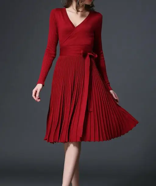 Women's Knitted Pleated V-Neck Midi Dress High Waist Bowtie Lace Up Vintage Woman's Dresses 2021 Summer Fashion Female Clothes