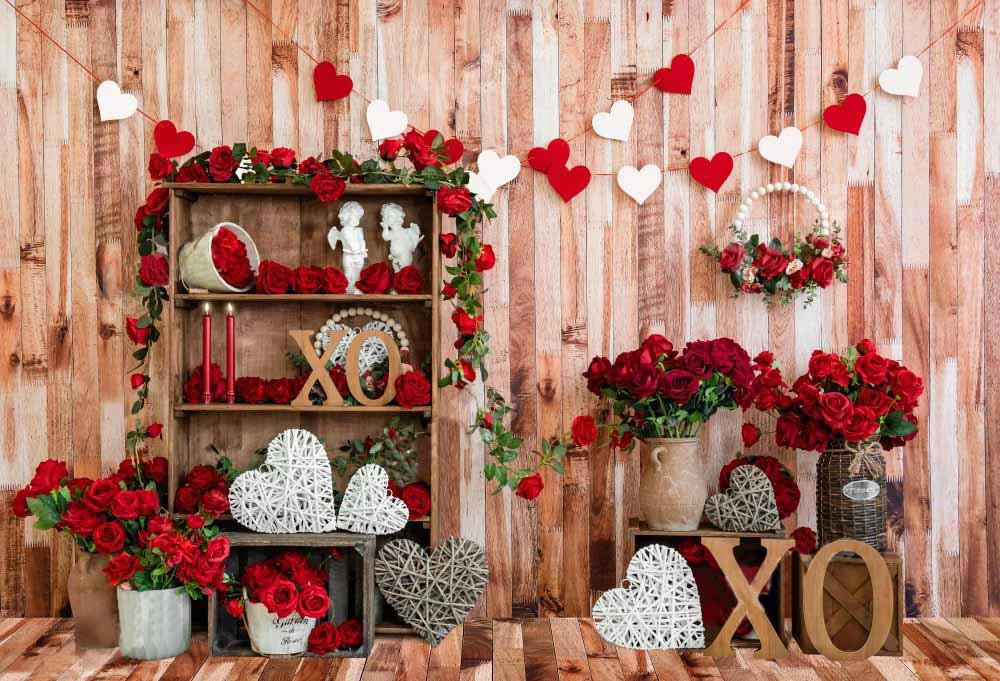 Valentines Day Photo Backdrop Red Rose Rustic Wood Kissing Backdrop Wall Love Heart Photography Background Photo Studio Props