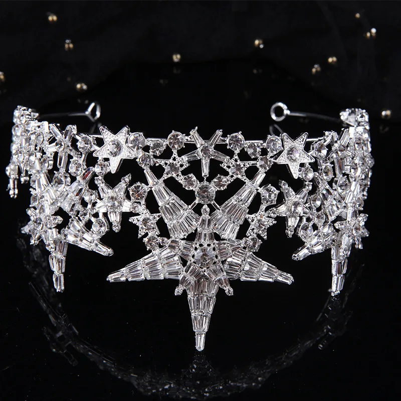 Star Queen Crown Wedding Hair Accessories Handmade Crown Hair Jewelry Tiara Bridal Headpiece Party Hair Ornaments