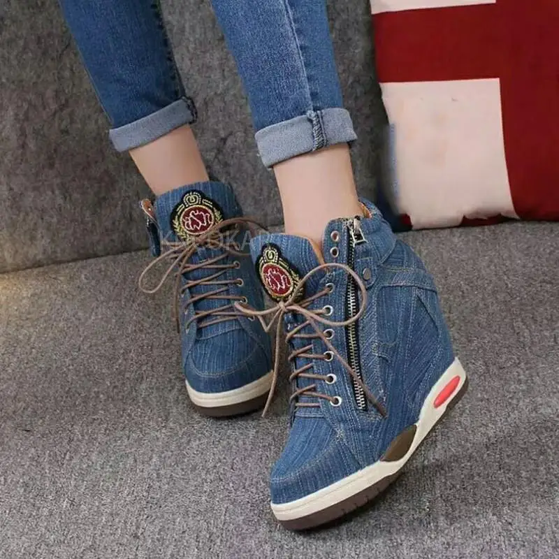 KNCOKA  Summer new style women comfortable wedge heel fashion simple denim canvas fish mouth open toe single shoe