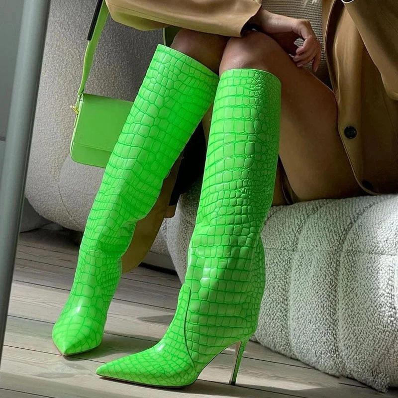 Sexy Solid Knee-High Boots Women Pointed Toe Slip-On Winter Boots  Women Botines Mujer High Heels Shoes Women Zapatos De Mujer
