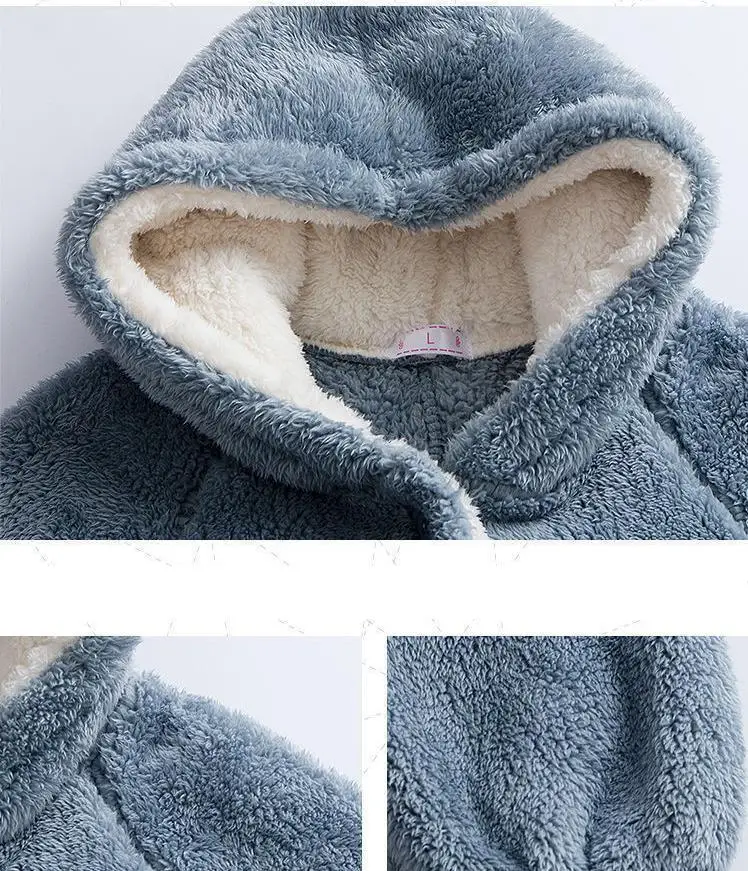 Women Thick Coral Fleece Robe Sleepwear Cute Hooded Nightgown Nightwear Winter Warm Flannel Nightdress With Pocket Long Bathrobe