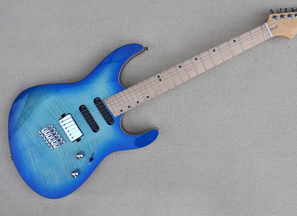 

Blue Electric Guitar with Slanted Frets,Flame Maple Veneer,Maple Fretboard,Providing Customized Service