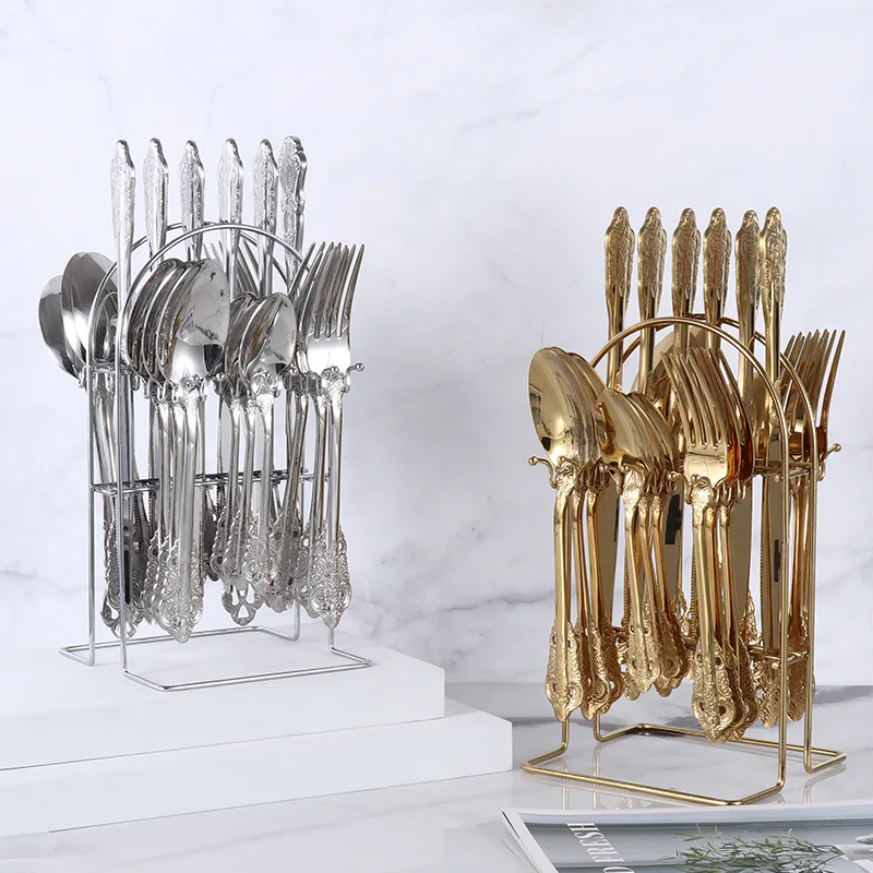 34 Palace series western tableware gold-plated cutlery 24-piece rack gift retro embossed tableware wine set