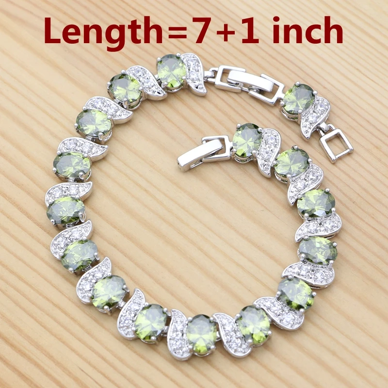 925 Silver Jewelry Set for Women Round Olive Green Cubic Zirconia Earrings Pendant Necklace Ring Bracelet Anniversary Gift