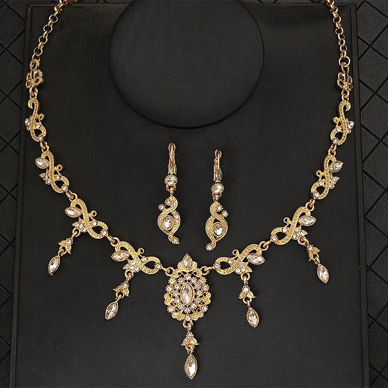 

Turkish Wedding Derss Jewelry Set Bronze Color for Bridal Crystals Tassels Necklace And Earring Ethiopian Jewelry Set