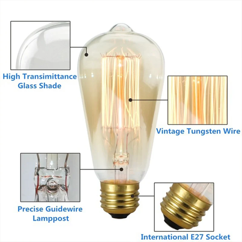 Lâmpada Retro Tungsten Edison, Lâmpada, Lâmpada de Filamento Vintage, Iluminação Decorativa, ST64, 60W, 110V, 220V, 3-12Pcs