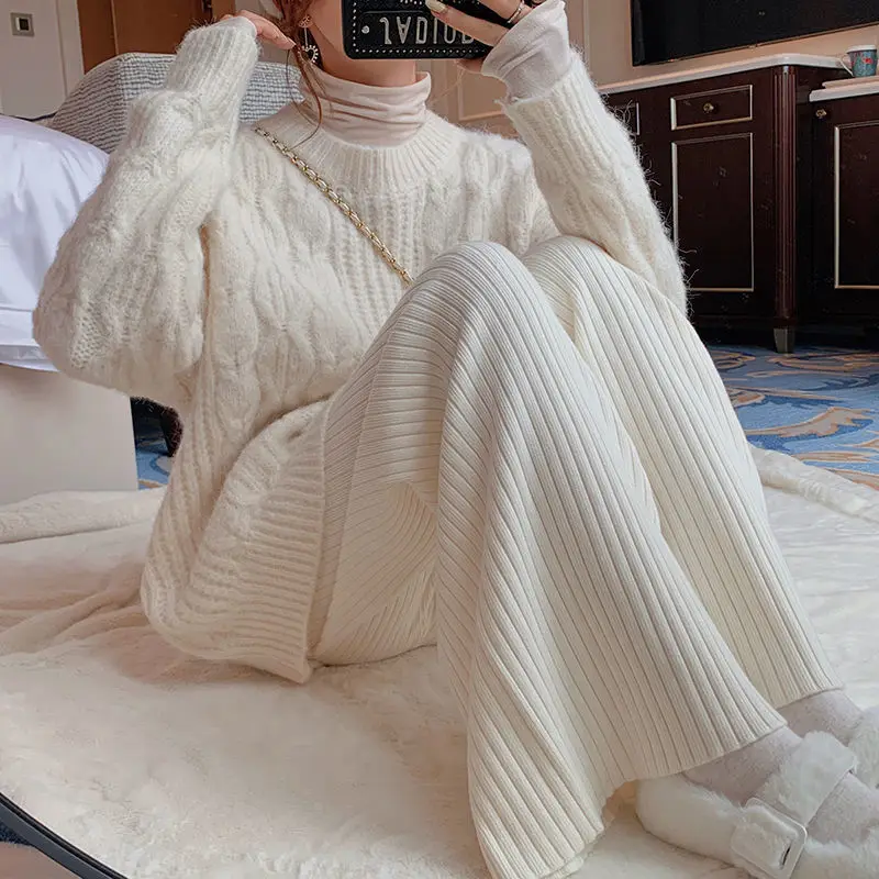 Stripe Knitted Wide Leg Pants Women's Thickened Autumn and Winter New High Waist Slim Vertical Casual Long Trousers Sweaterpants